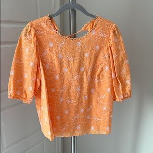 LOFT Orange Floral Embroidered Puff-Sleeve Top